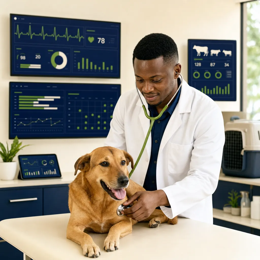 Veterinarian examining a dog while checking animal health stats