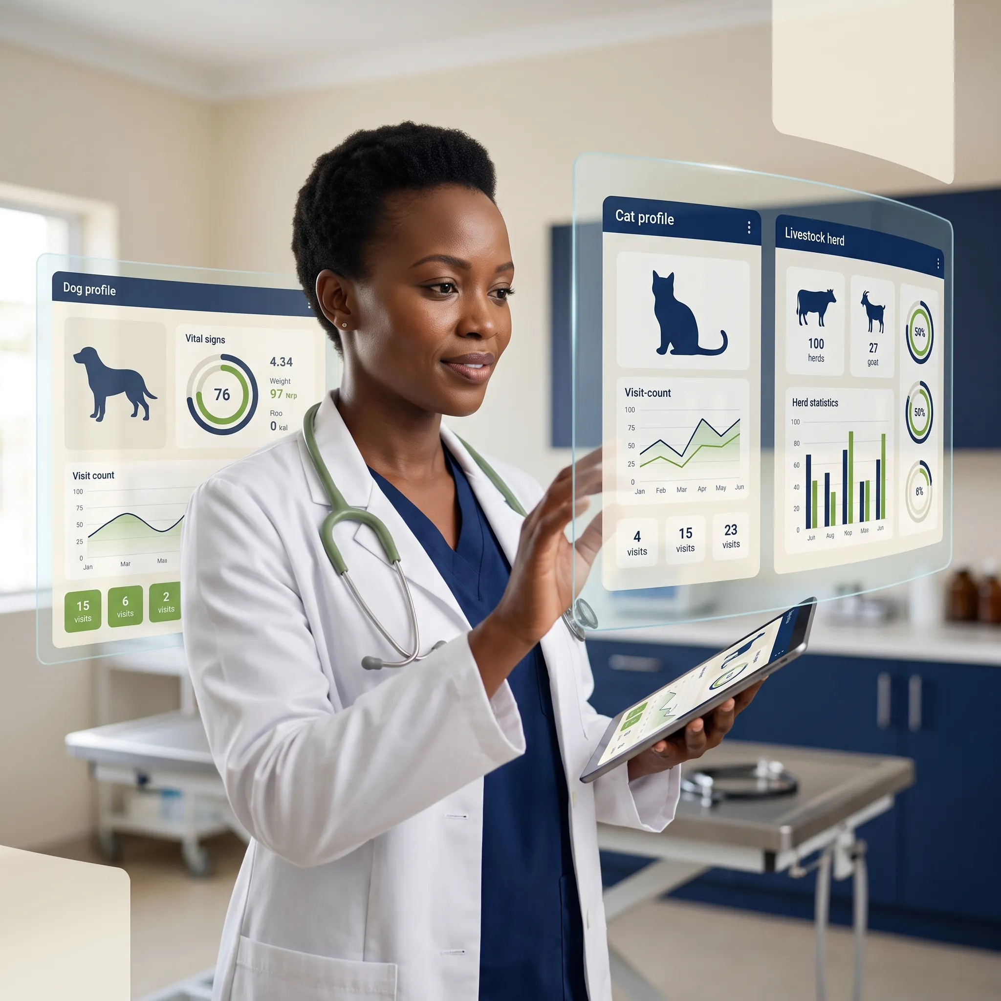 Veterinarian reviewing pet and livestock health dashboards in a Kenyan clinic