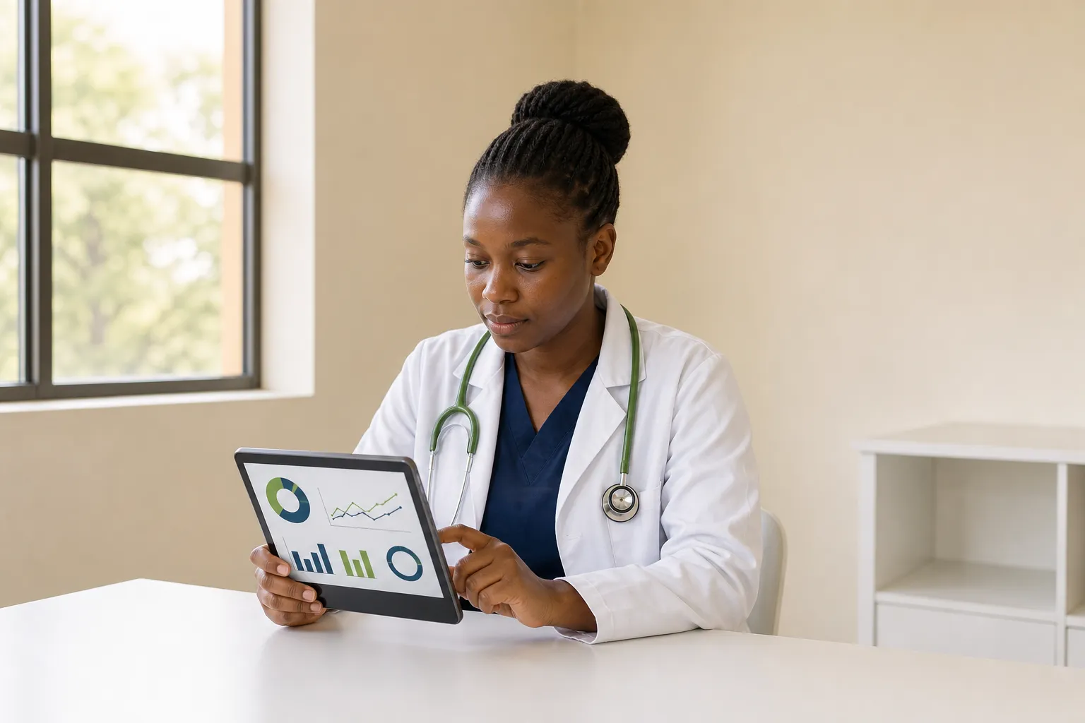 Veterinarian using a digital dashboard beside a cow in a simple clinic