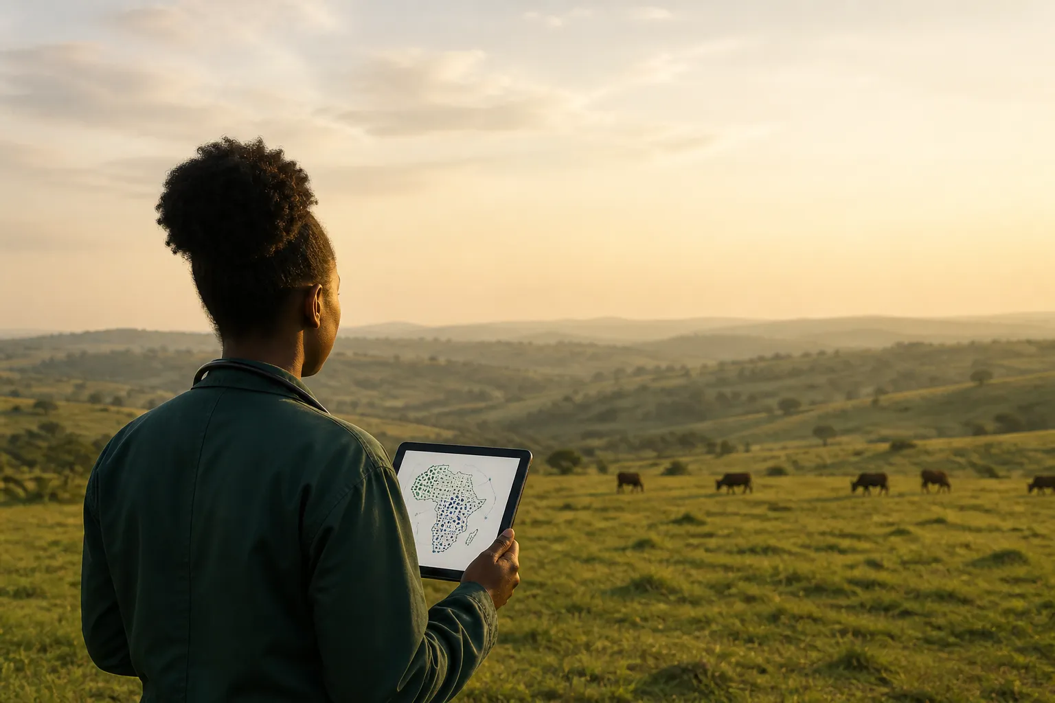 Veterinarian looking across Kenyan pasture while reviewing live animal health data